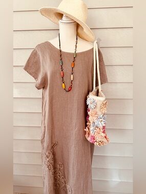 Women's Made in Italy Taupe Pure Linen Shift Dress with Embroidered Detail